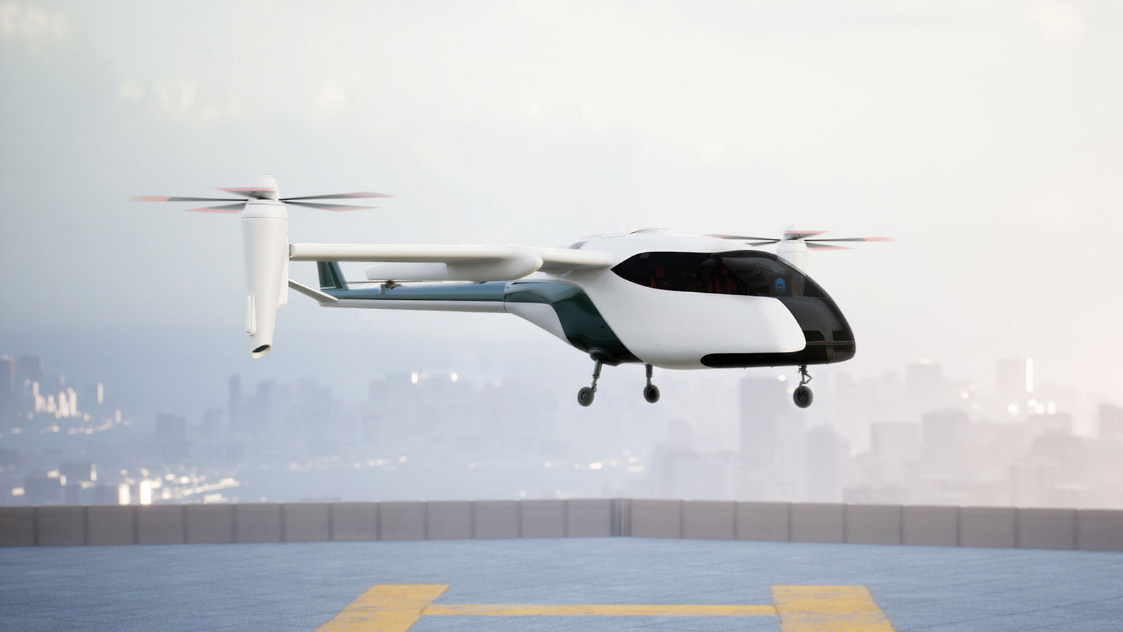 eVTOL vehicle hovering over a vertiport landing pad