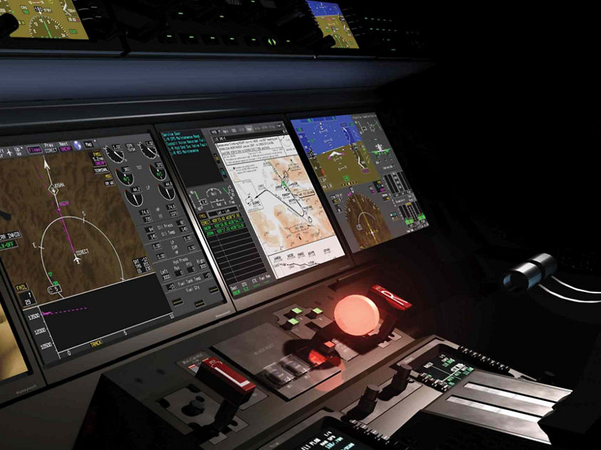 View of the G650 Cockpit showing Main DU's, SMU's, upper panel and center pedestal.