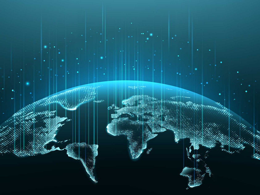 Map of the planet. World map. Global social network. Future. Vector. Blue futuristic background with planet Earth. Internet and technology. Floating blue plexus geometric background.  