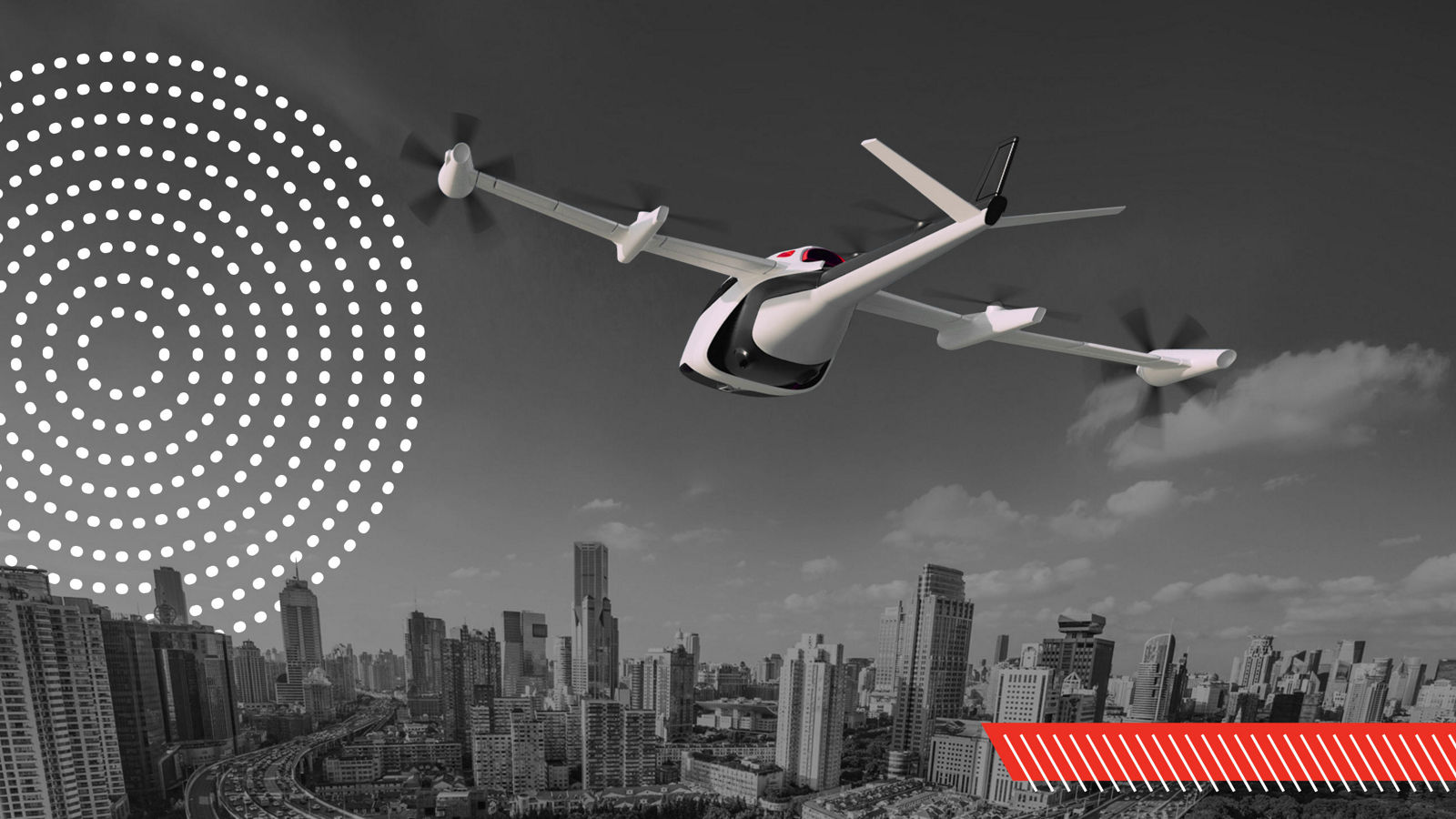 eVTOL aircraft flying toward a modern city skyline during daytime