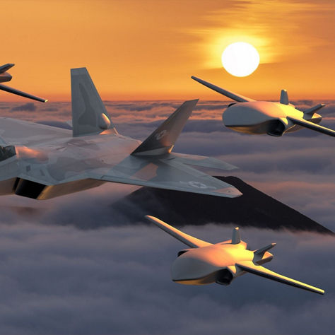 Cutting-edge military aircraft and UAVs flying in formation above clouds during a stunning sunset.