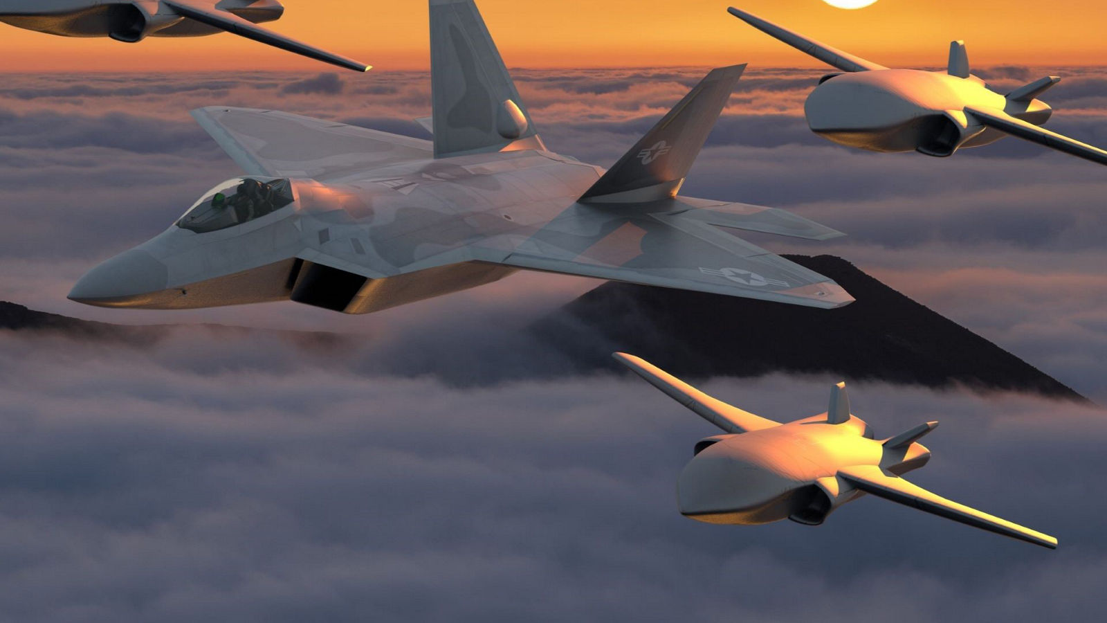 Cutting-edge military aircraft and UAVs flying in formation above clouds during a stunning sunset.