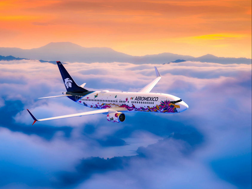 Aeroméxico Boeing 737 MAX 9 featuring a special "Kukulcán" livery designed to honor the 90th anniversary of the airline.