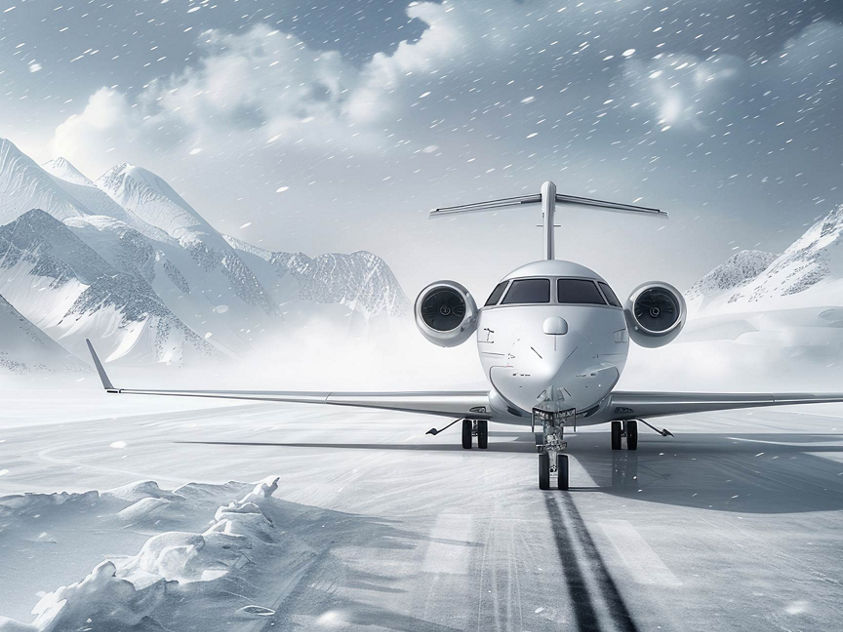 private jet on a snowy airstrip surrounded by mountains