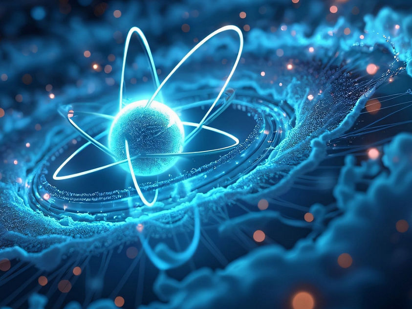 A glowing stylized atom with orbiting electrons set against a cosmic background of light and energy.