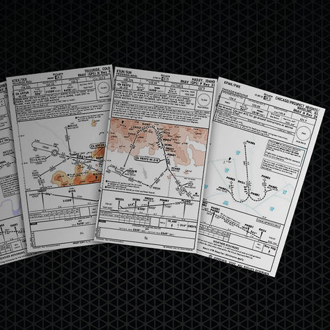 Several aviation approach and navigation charts are displayed against a dark patterned background. The image highlights detailed flight procedures, terrain information, and routing data used by pilots for safe and accurate navigation.