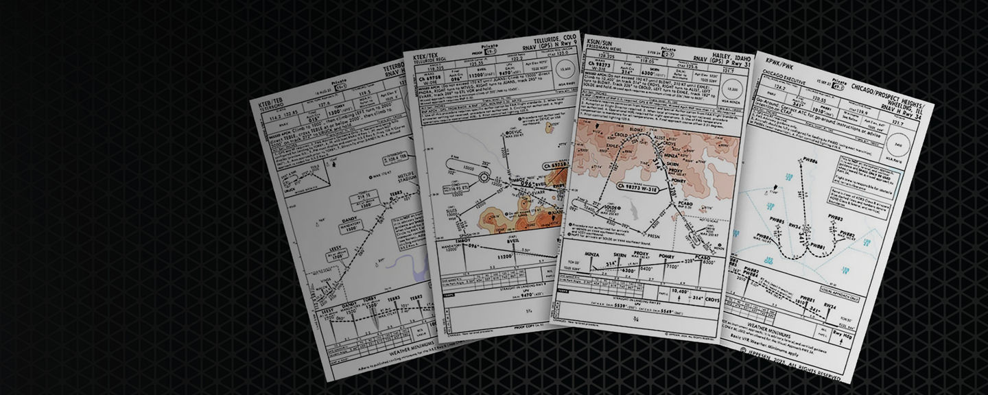 Several aviation approach and navigation charts are displayed against a dark patterned background. The image highlights detailed flight procedures, terrain information, and routing data used by pilots for safe and accurate navigation.