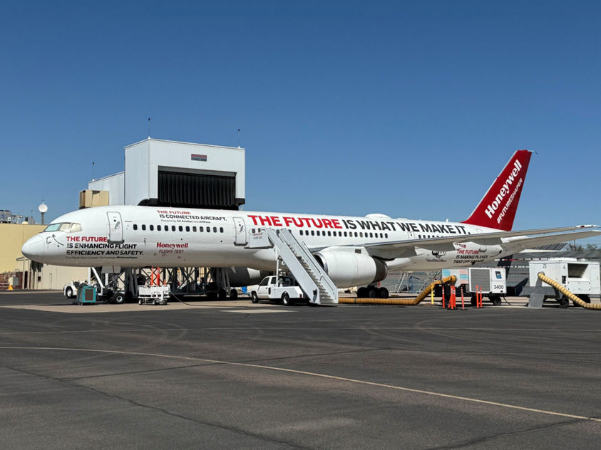 Honeywell Boeing Test Aircraft parked on an airport tarmac. 