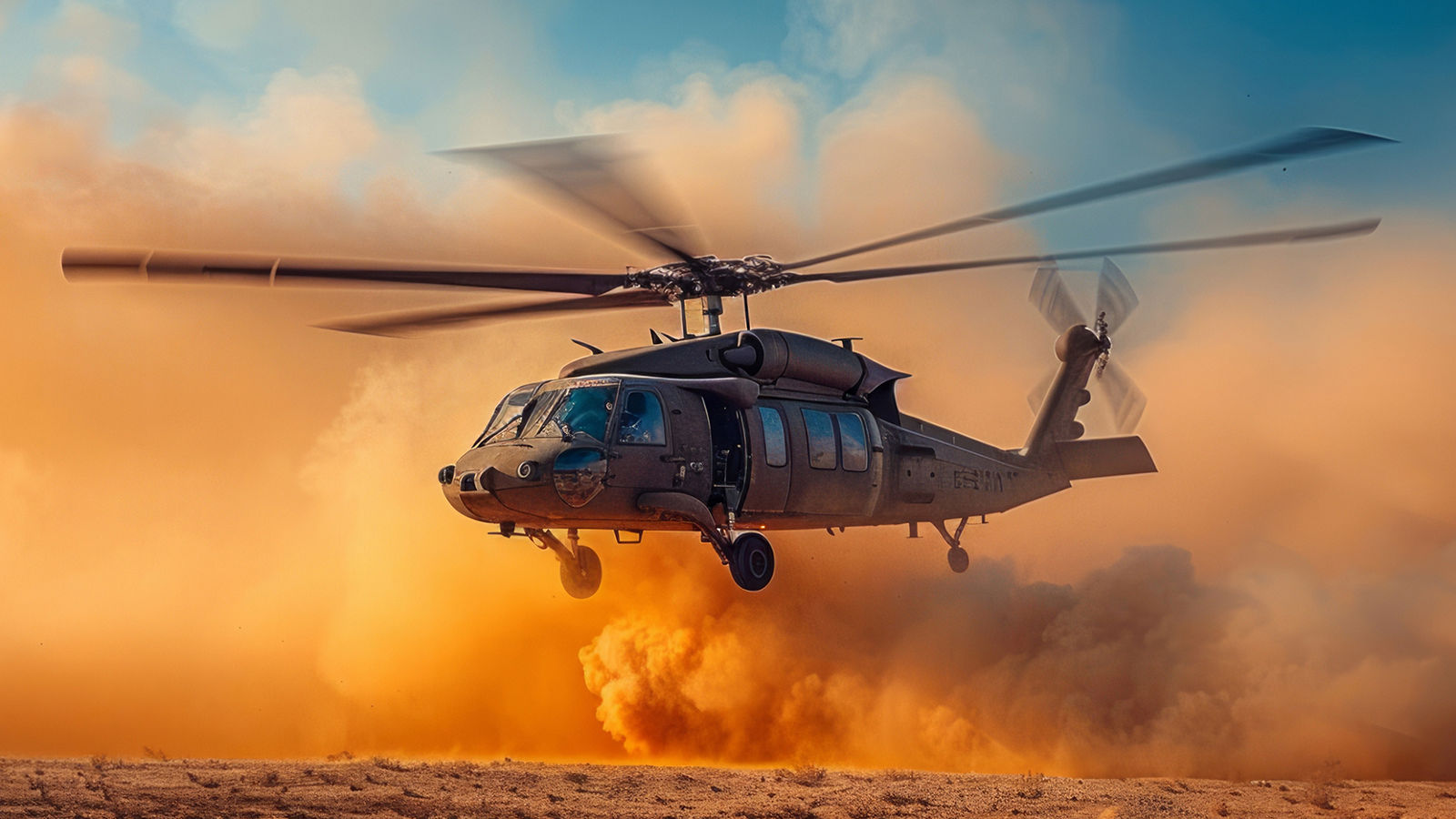 The image features a Sikorsky UH-60 Black Hawk helicopter