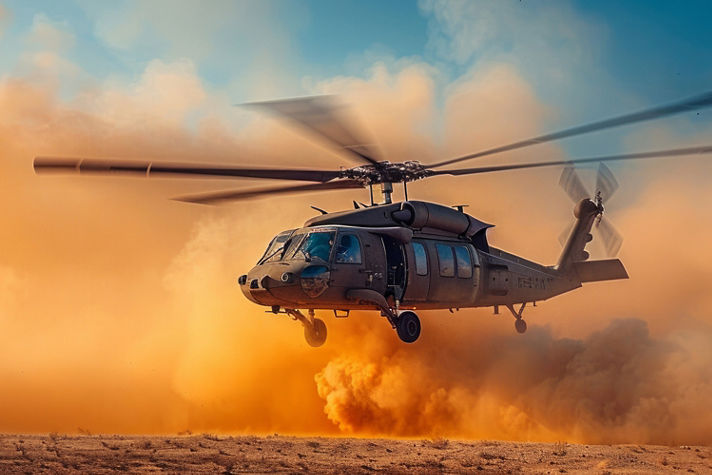 The image features a Sikorsky UH-60 Black Hawk helicopter
