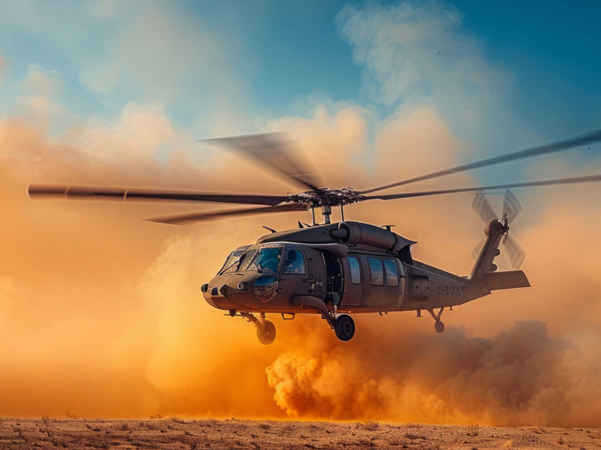 The image features a Sikorsky UH-60 Black Hawk helicopter