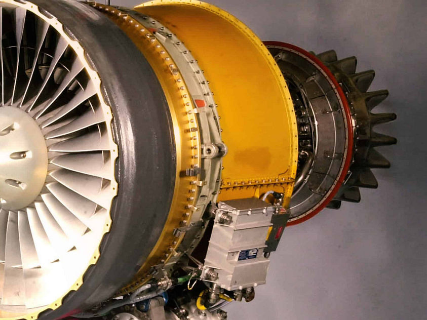 Image of a a detailed close-up view of a jet engine turbine