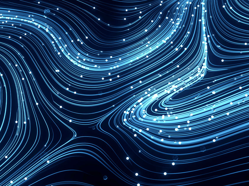 Blue lines and swirls on a black background, representing connectivity through abstract design.