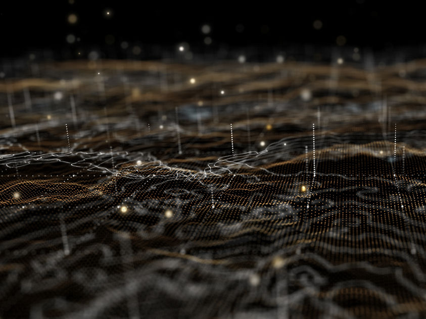 A detailed digital terrain illustration featuring flowing lines and glowing data points. The image represents advanced aerospace mapping and sensing technology, designed to support clearer navigation, improved situational awareness, and next‑generation aviation innovation.