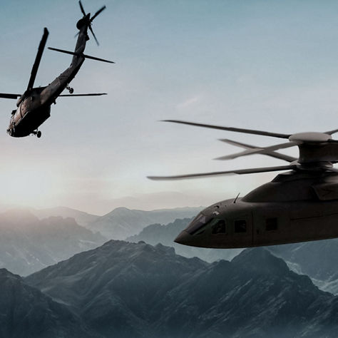 Aerial scene with different rotorcraft over rugged landscape, emphasizing coordinated air operations and mission planning.