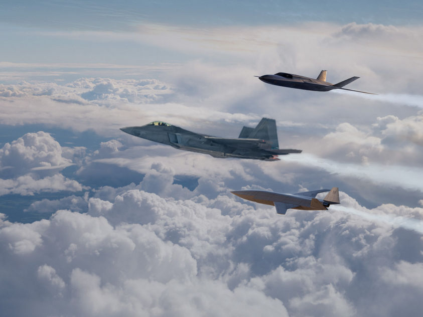 air fighter jet alongside uavs