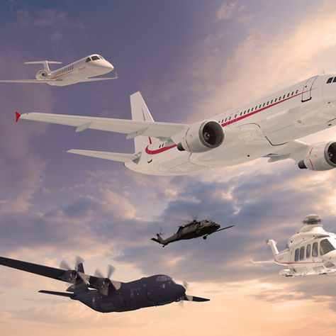 Featuring a coordinated mix of commercial, military, and rotary aircraft highlighting advanced aerospace platforms operating together across diverse mission environments.