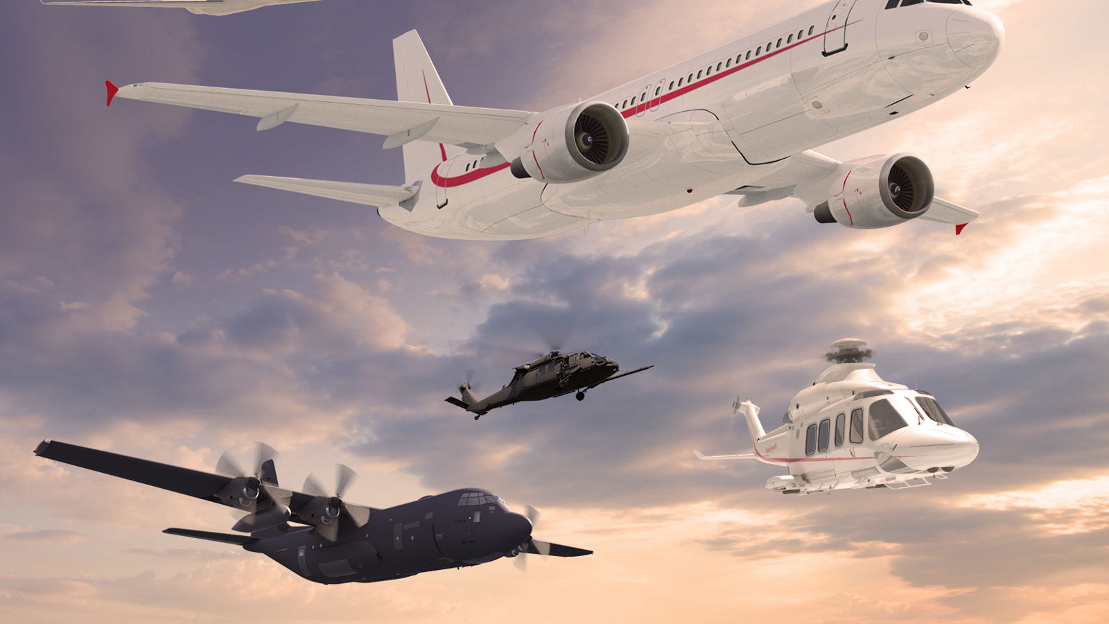 Featuring a coordinated mix of commercial, military, and rotary aircraft highlighting advanced aerospace platforms operating together across diverse mission environments.
