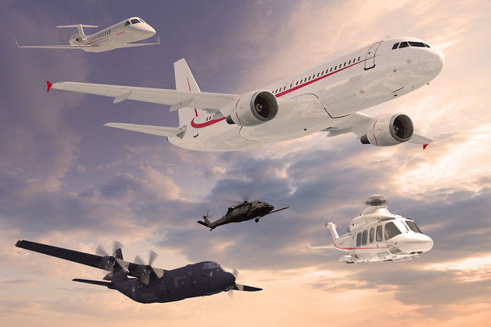 Featuring a coordinated mix of commercial, military, and rotary aircraft highlighting advanced aerospace platforms operating together across diverse mission environments.