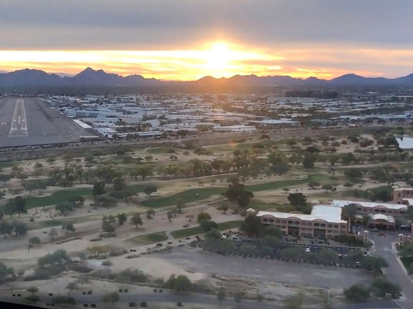 Scottsdale Airport runway in Scottsdale, Arizona, at sunset.