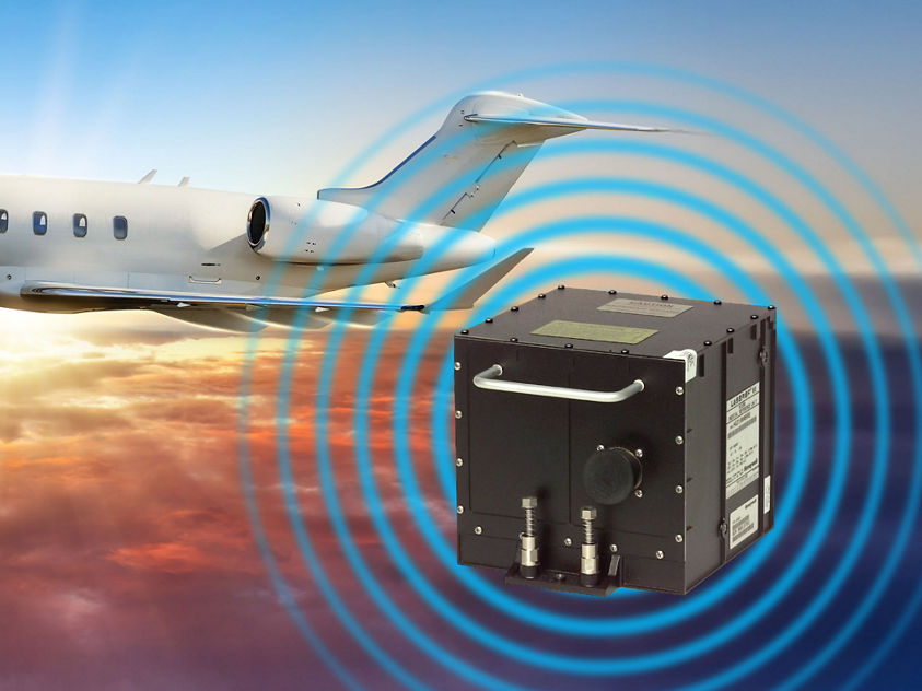 A Gulfstream airplane in flight, featuring a Laseref VI wireless device 