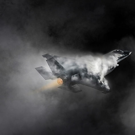 The image appears to show an F-35 fighter jet pulling a high-G maneuver with vapor and condensation forming over the airframe