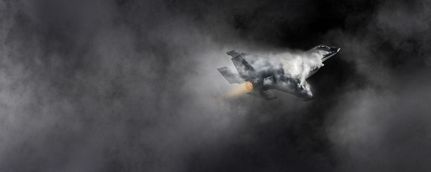 The image appears to show an F-35 fighter jet pulling a high-G maneuver with vapor and condensation forming over the airframe