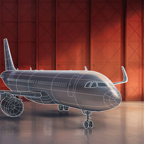 A partially wireframed airplane inside a red hangar, illustrating aircraft repair and overhaul in a digital engineering context.