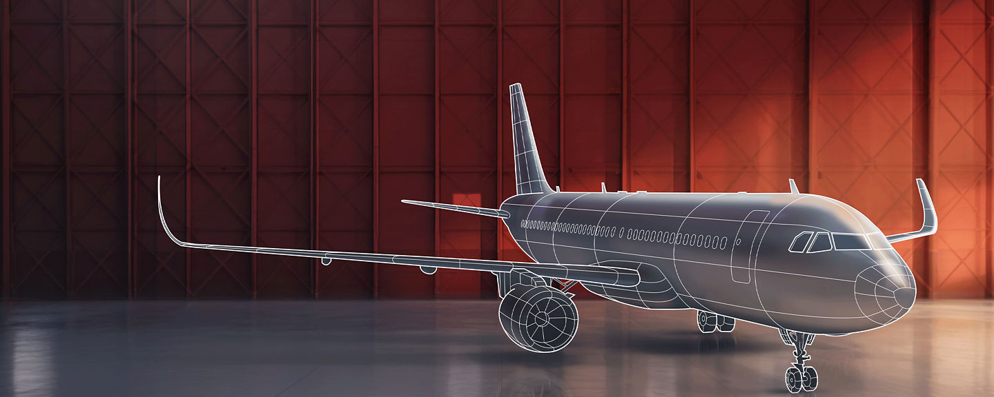 A partially wireframed airplane inside a red hangar, illustrating aircraft repair and overhaul in a digital engineering context.