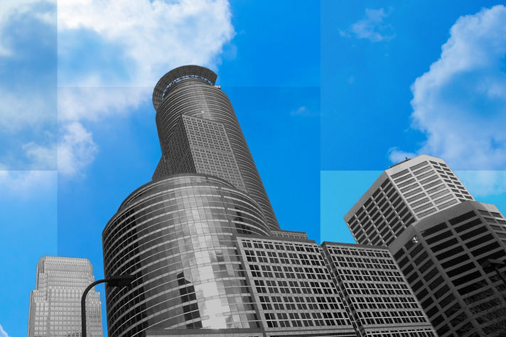 This image features the Capella Tower located in the downtown Minneapolis skyline. 