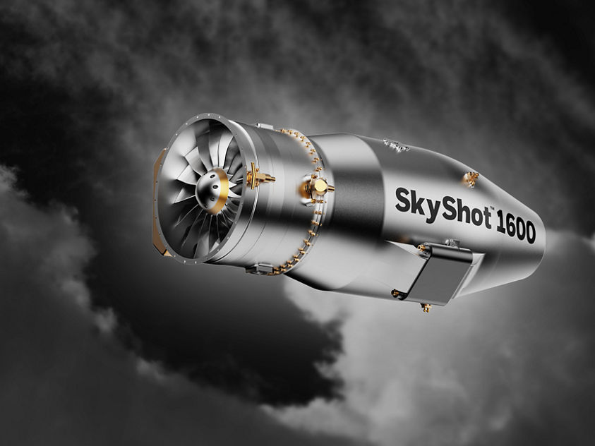 Sleek SkyShot 1600 turbine engine against dark clouds