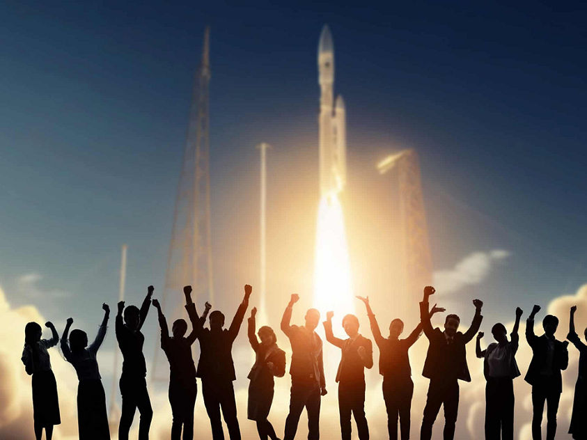 The image shows a group of people in silhouette cheering and raising their arms as they watch a rocket launch into the sky. 