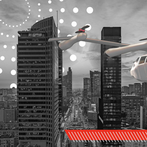 A red and white Honeywell-branded flying vehicle navigates a grayscale cityscape of towering skyscrapers, highlighting advanced urban air mobility.