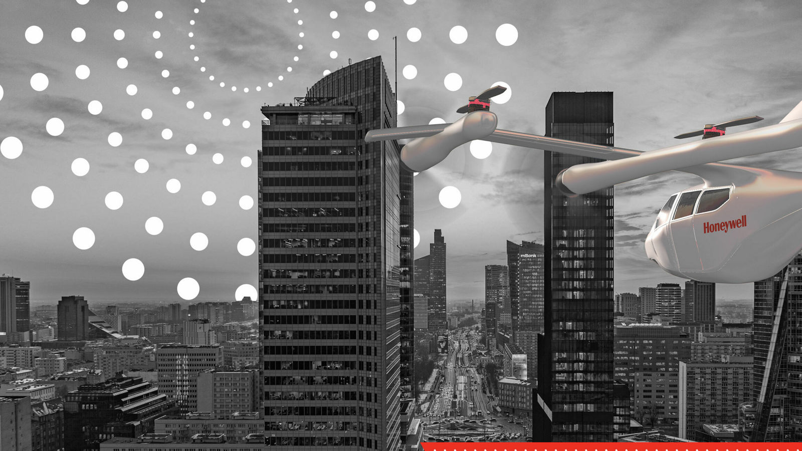 A red and white Honeywell-branded flying vehicle navigates a grayscale cityscape of towering skyscrapers, highlighting advanced urban air mobility.