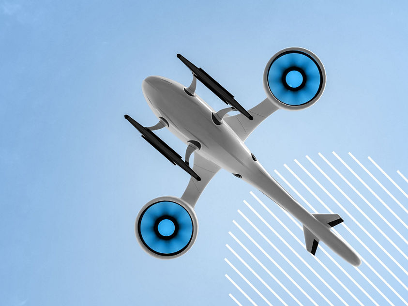 A white airplane with two illuminated blue jet engines flying overhead in a clear blue sky, with diagonal white lines on the right.