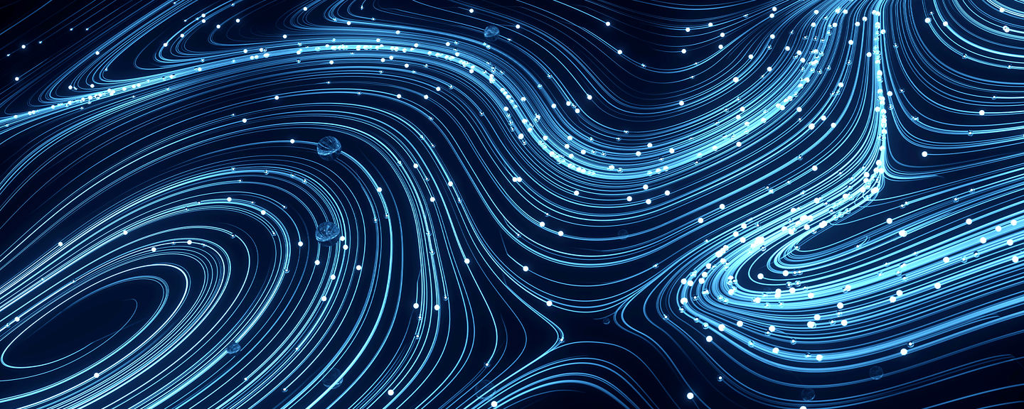 Blue lines and swirls on a black background, representing connectivity through abstract design.