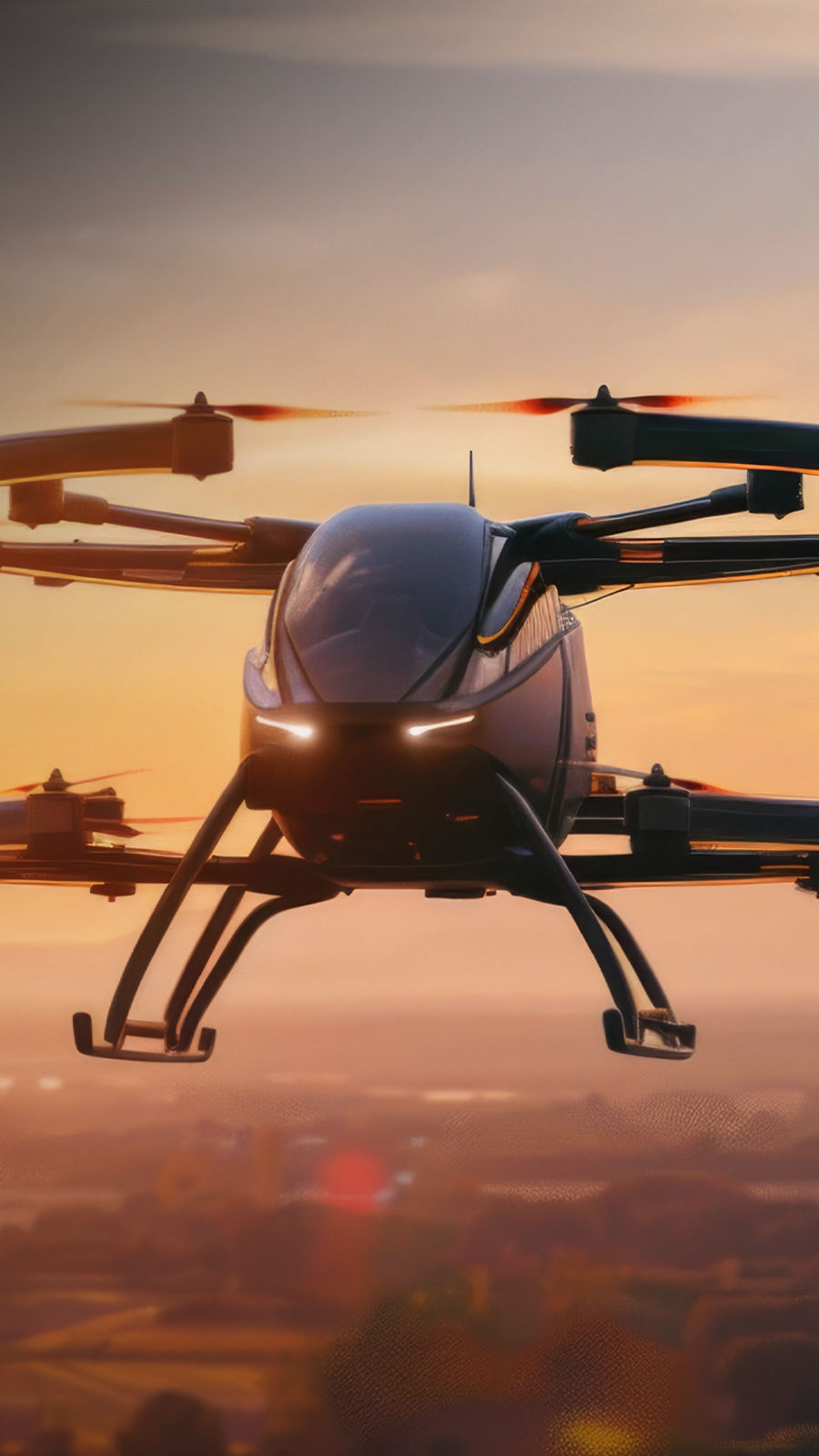 drone flying with sunset behind