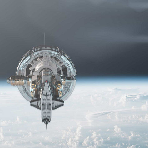 CG rendered image of a futuristic spacecraft docking at a circular space station module in low Earth orbit with the cloud-covered planet visible below and a star shuttle attached. This image reflects Honeywell's space systems and satellite technology capabilities.